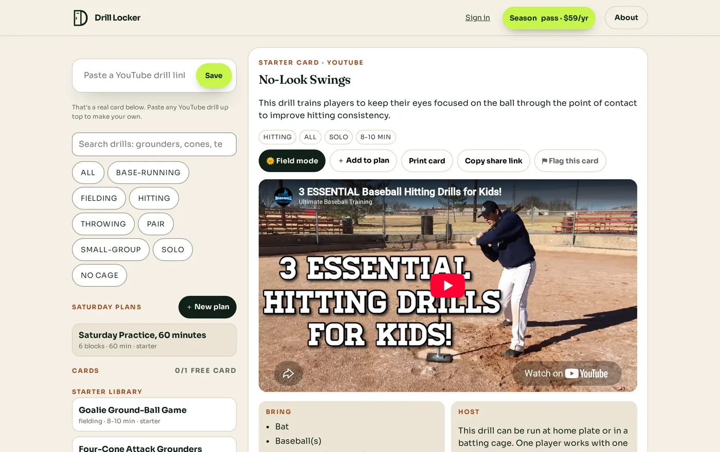 The locker: saved drill cards with search and skill filters, a hitting card open