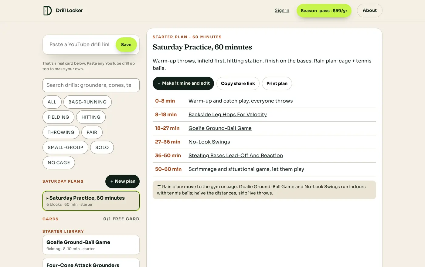 A timed 60-minute practice plan with a rain plan
